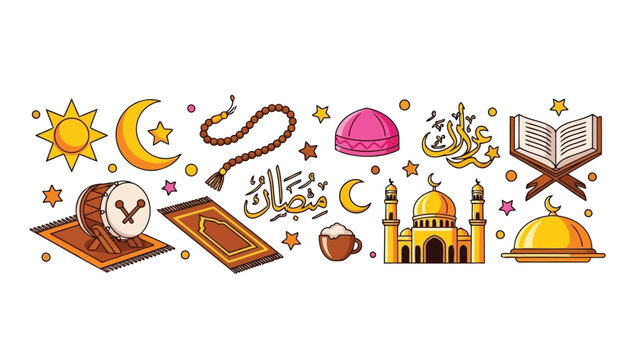 Colorful illustration depicting various islamic symbols and items of worship Vector
