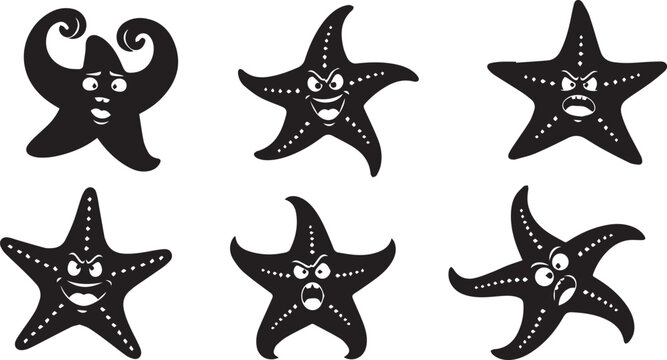 Angry Starfish Character Icons, Sea Monster Silhouette Vector