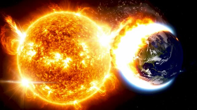 Massive solar flare hitting planet earth causing extreme heat and global catastrophe in outer space
