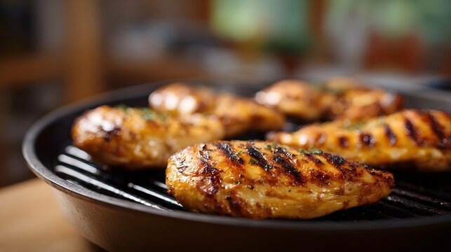 Delicious grilled chicken pieces searing on a black griddle pan in a warm domestic kitchen setting