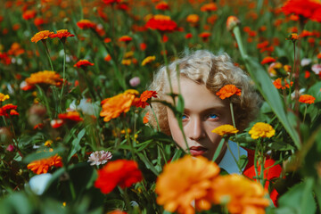 Naklejka premium Young woman hiding among orange flowers, intense gaze portrait with shallow depth of field and emotional storytelling