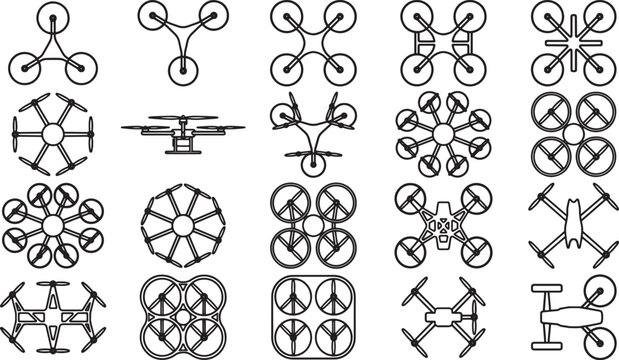 A comprehensive illustration showcasing a variety of drone designs, perfect for illustrating the evolution and diversity of unmanned aerial vehicles. 