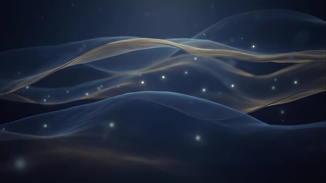 Dynamic abstract visualization of INTERLEUKIN cellular signaling, showcasing luminous particles flowing within ethereal blue and gold energy waves against a dark, microscopic landscape