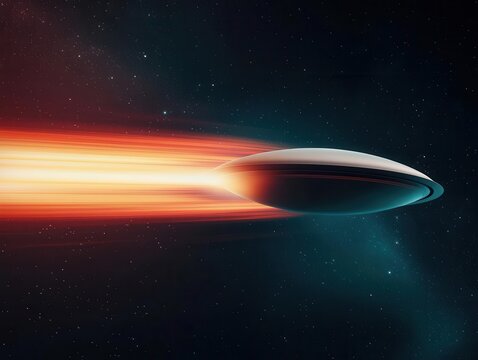 Futuristic spacecraft leaving color trails across galaxy ring, motion blur in cosmos