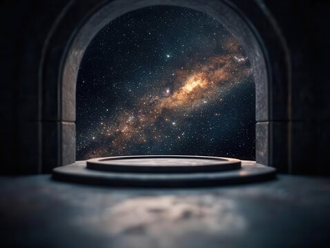 Eyelevel view of galaxy inside ancient temple dome, scifi and mythology mix