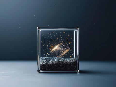 Glass cube suspended in space containing rotating miniature galaxy