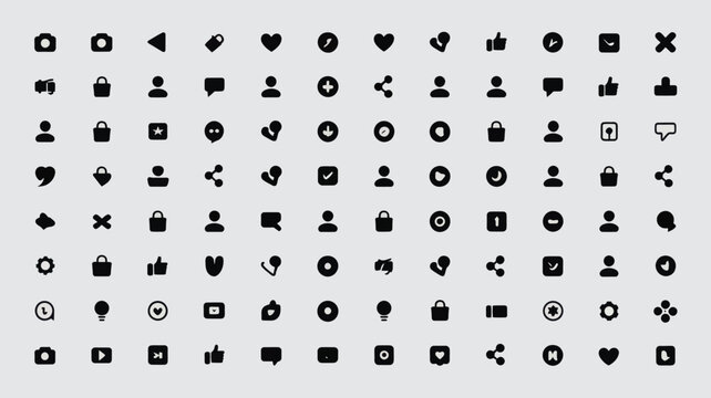 Set of 100 Black Social Media Web Icons Vector