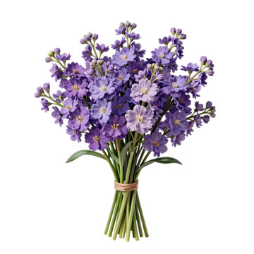 Cheerful bouquet of periwinkle stock flowers tied with a raffia ribbon on a white background