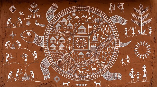 Traditional Indian Art Turtle Motif with Village Mapping, Warli turtle art, Tribal village map, Symbolic turtle illustration