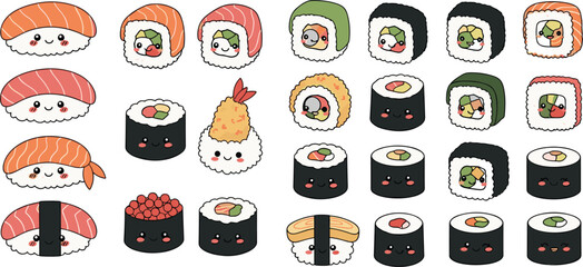 Cute Kawaii Sushi Icon Set with Cartoon Nigiri Maki Rolls and Japanese Food Characters for Fun Design © MstRanzina