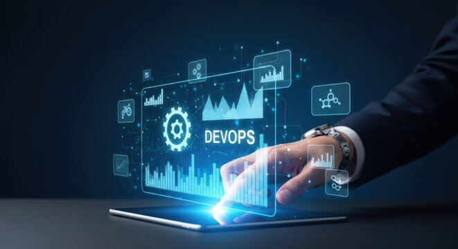 Businessmen use the tab analyzing DevOps and deployment data. Software delivery dashboard, CI/CD pipeline, automation monitoring, cloud infrastructure, agile operations