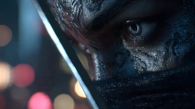 Close-up of a determined ninja's intense eye and masked face in a city at night