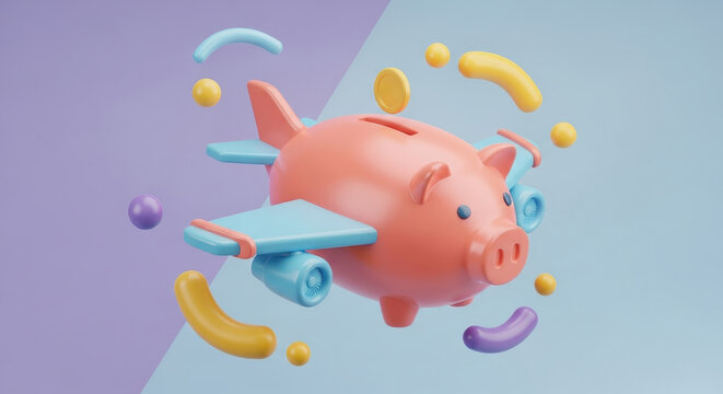 Conceptual image of a winged piggy bank soaring in a sunny sky illustrating financial planning for expensive flights and international vacations