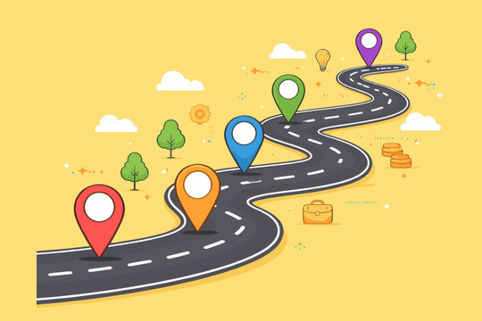 Business Roadmap Infographic Template with Five Colorful Location Pins on a Winding Curved Road, Illustrating Milestones, Strategy, and Progress Journey on a Vibrant Yellow Background.