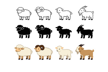 Obraz premium Farm animal vector icon set featuring sheep, ram, lamb, and goat illustrations in minimalist outline, solid silhouette, and colored flat design styles for agriculture and livestock branding.