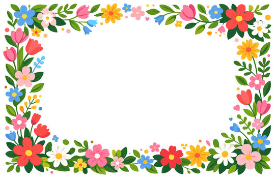 Vibrant Floral Border Frame with Colorful Spring Flowers and Green Leaves. Cheerful Decorative Design for Invitations, Greeting Cards, and Banners. Vector Illustration of a Blooming Garden Frame.