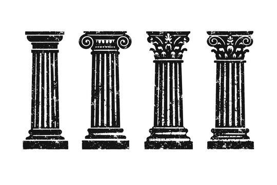 Set of four vintage distressed classical columns in black silhouette. Architectural design elements featuring Greek and Roman pillars with grunge texture. Doric, Ionic, and Corinthian styles for