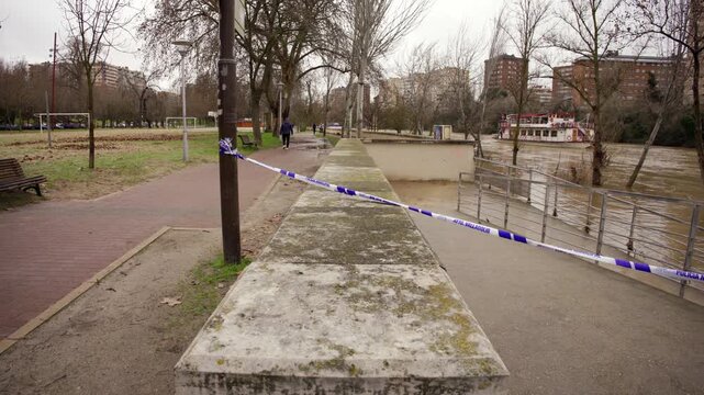 Water level of the overflowing pisuerga river receding in valladolid