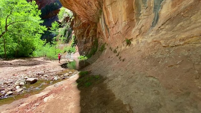 Cinematic backward view of massive red sandstone cliffs and lush greenery at West Fork Trail. A distant hiker and mountain creek are visible under a clear blue Arizona sky. Adventure travel vibe.