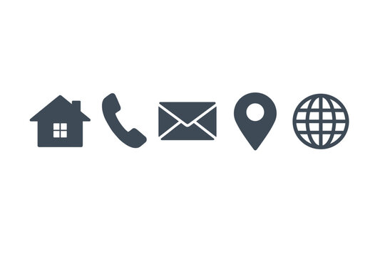 Set of Contact Icons for Web and Print Design Featuring Home, Phone, Email, Location Pin, and Website Globe Symbols in a Simple Flat Minimalist Style Vector Illustration for Business Projects