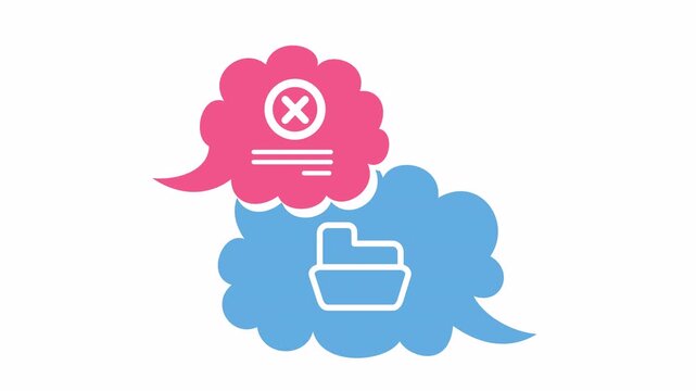 Cloud speech bubbles with a file folder and a red error cross mark icon isolated on the alpha channel. Failed digital communication and file storage rejection symbol. Flat design error data processing