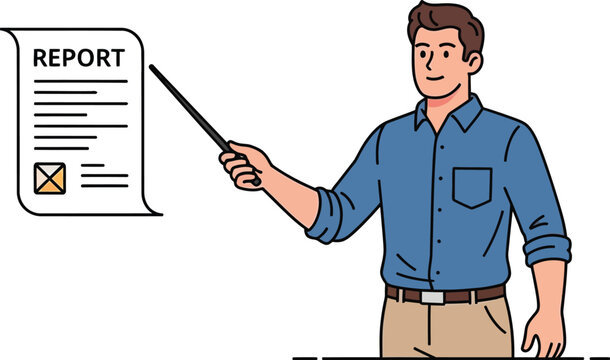 Professional man points at a report document to explain key business goals.