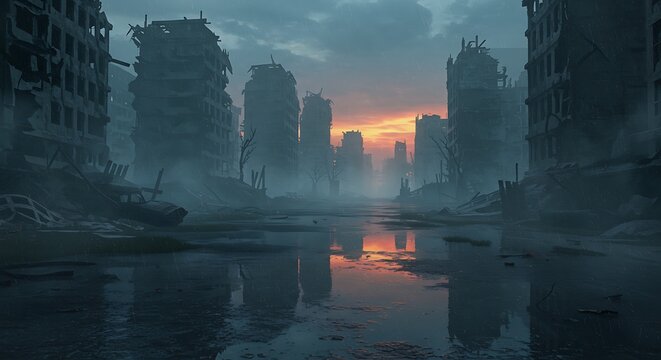 Post apocalyptic cityscape with destroyed buildings and reflective water at sunset