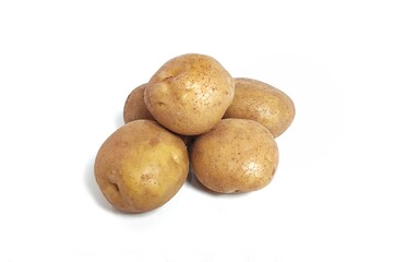 Fototapeta premium Stack raw potato isolated on white background with copy space. Cooking dishes from potatoes. Perfect for design element, food concept or any commercial usages.