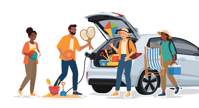 Family packing an electric car for a fun day at the beach with toys, beach chairs, and picnic items