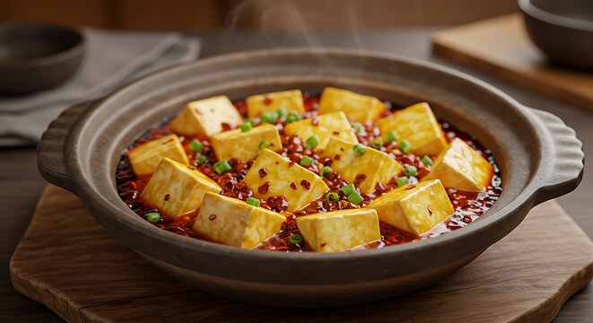 Delicious tofu dish with chili sauce in a ceramic bowl