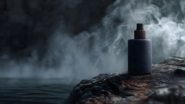 Mysterious dark bottle on rocky shore with dramatic smoke