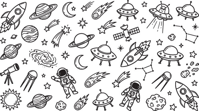 Whimsical black and white hand drawn space doodle pattern with rockets and planets