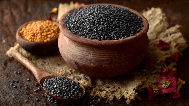 Black Urad Dal and Toor Dal in rustic bowls with wooden spoon on burlap