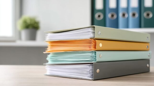 Organized stack of colorful document folders and files on a wooden desk with natural light and blurred office background showcasing productivity and order