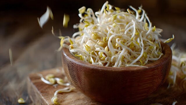 Fresh Bean Sprouts in Wooden Bowl on Rustic Background
