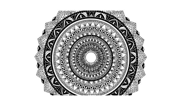 Layered line mosaic mandala pattern with thick and thin tiles black and white vector illustration