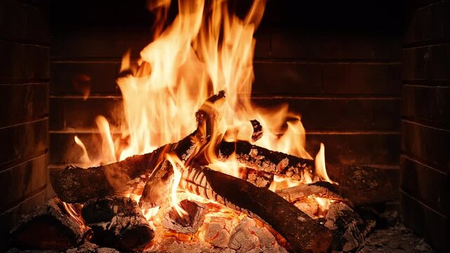 Video of lit fireplace at night
