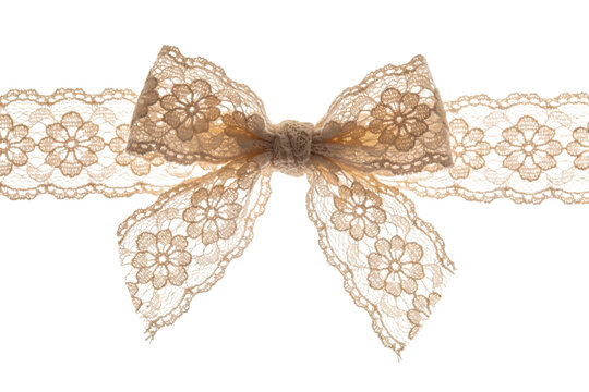 Delicate lace bow and ribbon decoration with floral pattern, perfect for crafts and embellishments on transparent background