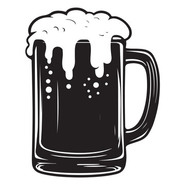 Hand Drawn Beer Mug with Bubbles, Black and White Line Art, Vintage, beer, beverage