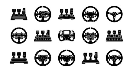 Gaming Steering Wheel and Pedal Set Icons, Racing Controller Vector Graphics, Sim Racing Equipment Collection © MdNayeem
