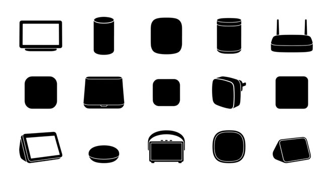Smart Speaker Icons, Digital Assistant Collection, Modern Audio Devices Vector Set