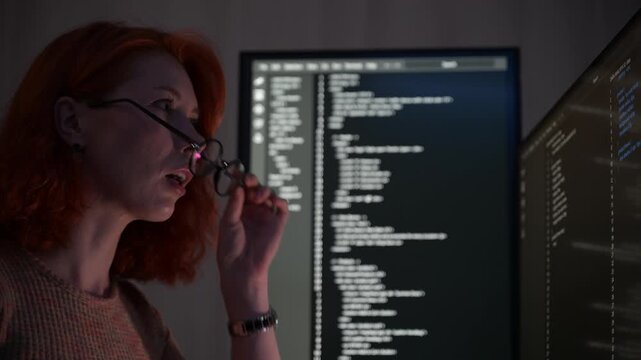 Focused female software developer coding at night in a modern workspace, wearing glasses and analyzing code on computer screen. Concept of programming, technology, cybersecurity, and digital innovatio