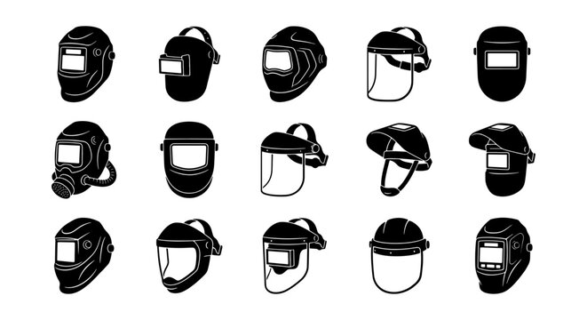 Welding Helmets Collection, Safety Gear Icons, Industrial Protection Equipment, Black and White Vector Set