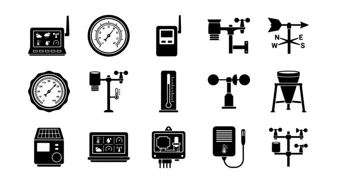 Weather Station Icons, Meteorology Instruments Set, Anemometer, Barometer, Thermometer, Vector Graphics