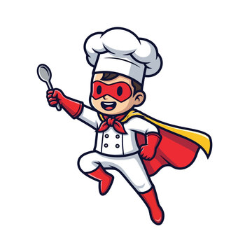 Cartoon Superhero Chef Mascot Character Holding a Spoon.