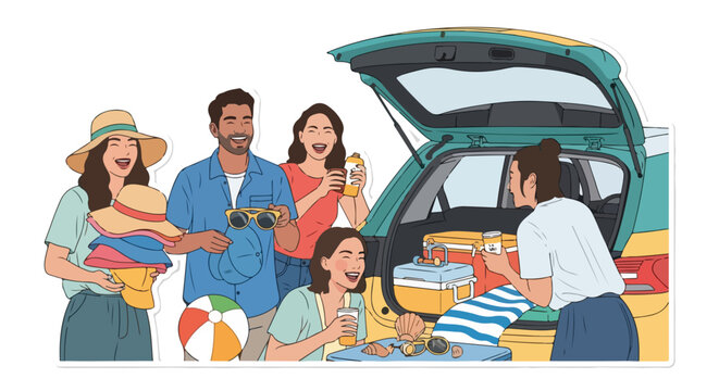 Happy family packing car for summer vacation trip, loading luggage and beach gear for holiday travel adventure.