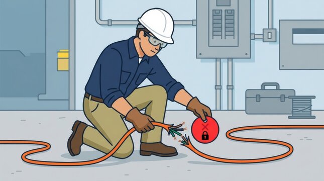Worker Inspects Damaged Electrical Equipment While Ensuring Safety in an Industrial Area During Daytime