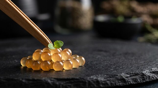 Molecular gastronomy spherification and fine dining culinary art featuring vegan caviar plating with wooden tweezers on slate board