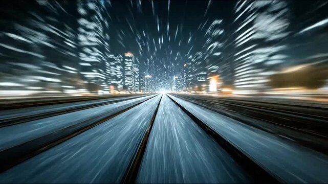 High speed train motion blur through futuristic city at night