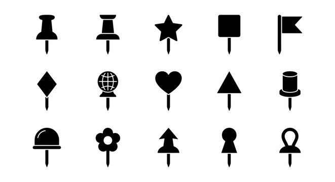 15 Diverse Push Pin Icons, Vector Graphics Set for Office and Creative Projects
